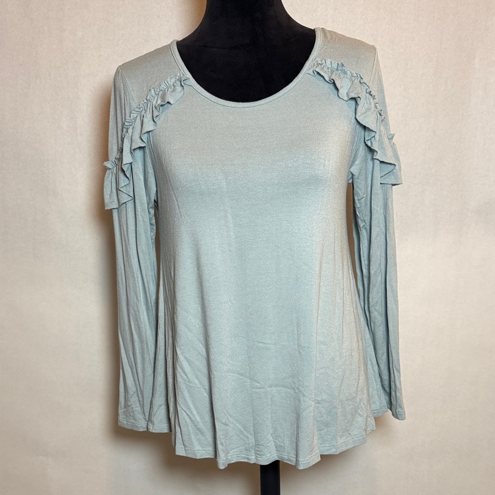 Entro Ruffle Shoulder Long Sleeve Top Soft Blue Small Viscose Feminine Revival